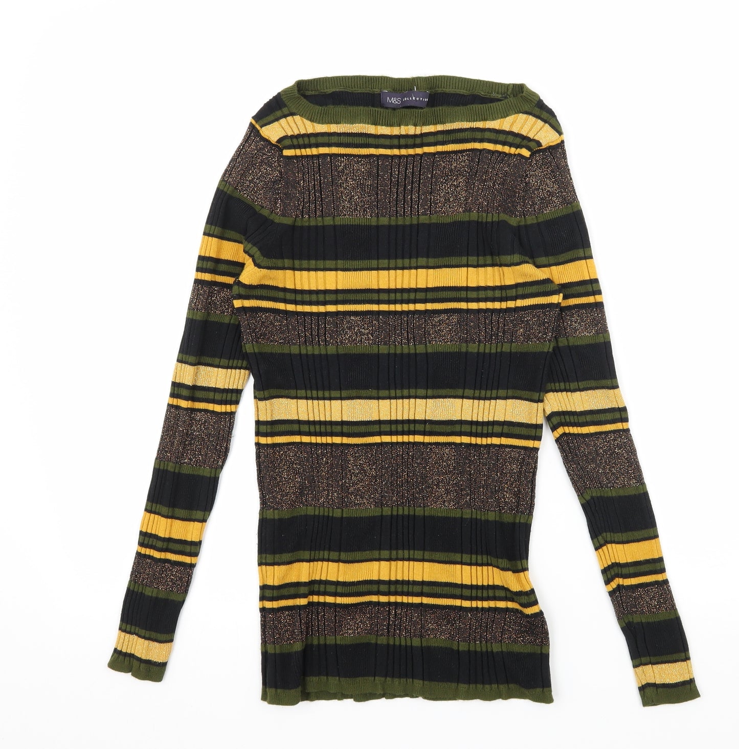 Marks and Spencer Womens Green Striped Knit Pullover Jumper Size 14