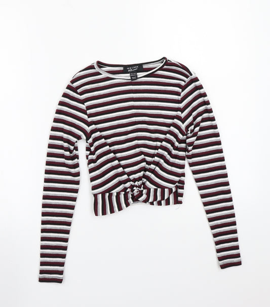Front view of New Look girls’ purple striped basic t-shirt, size 10-11, years