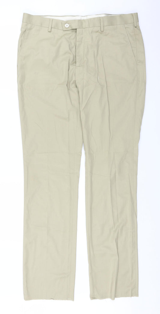 Front view of Arrow men’s beige trousers, size 36, in, 33-inch leg