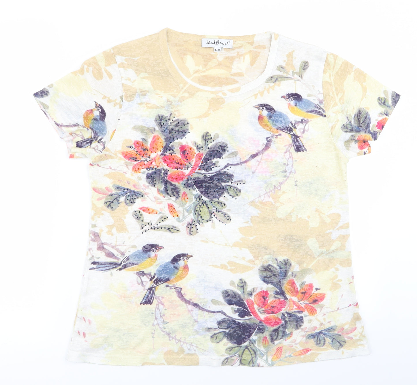 mudflower Womens Brown Floral  Basic T-Shirt Size L