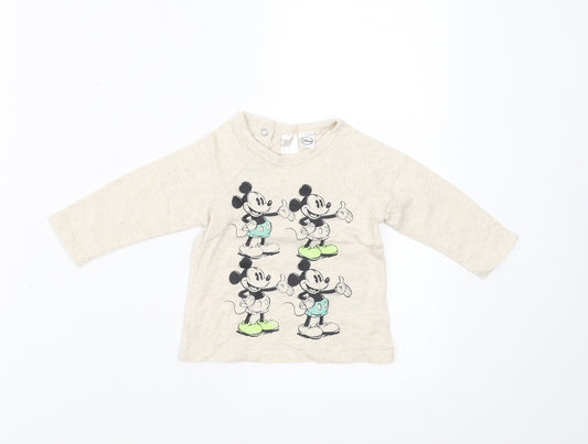 Front view of H&M girls’ beige basic t-shirt, size 3-6, months - mickey mouse