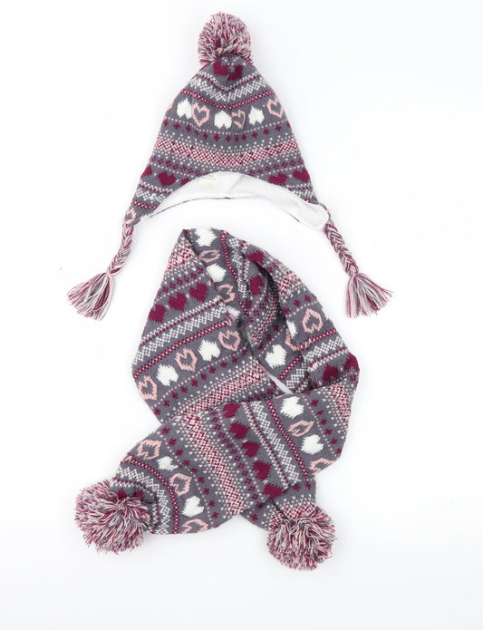 Hullabaloo Girls Pink Fair Isle  Rectangle Scarf Scarves & Wraps Size Regular  - And Hat