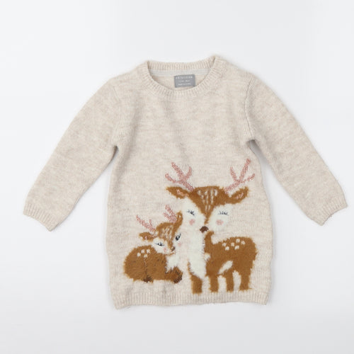 Primark Girls Beige Fair Isle Knit Jumper Dress  Size 9-12 Months  - Xmas