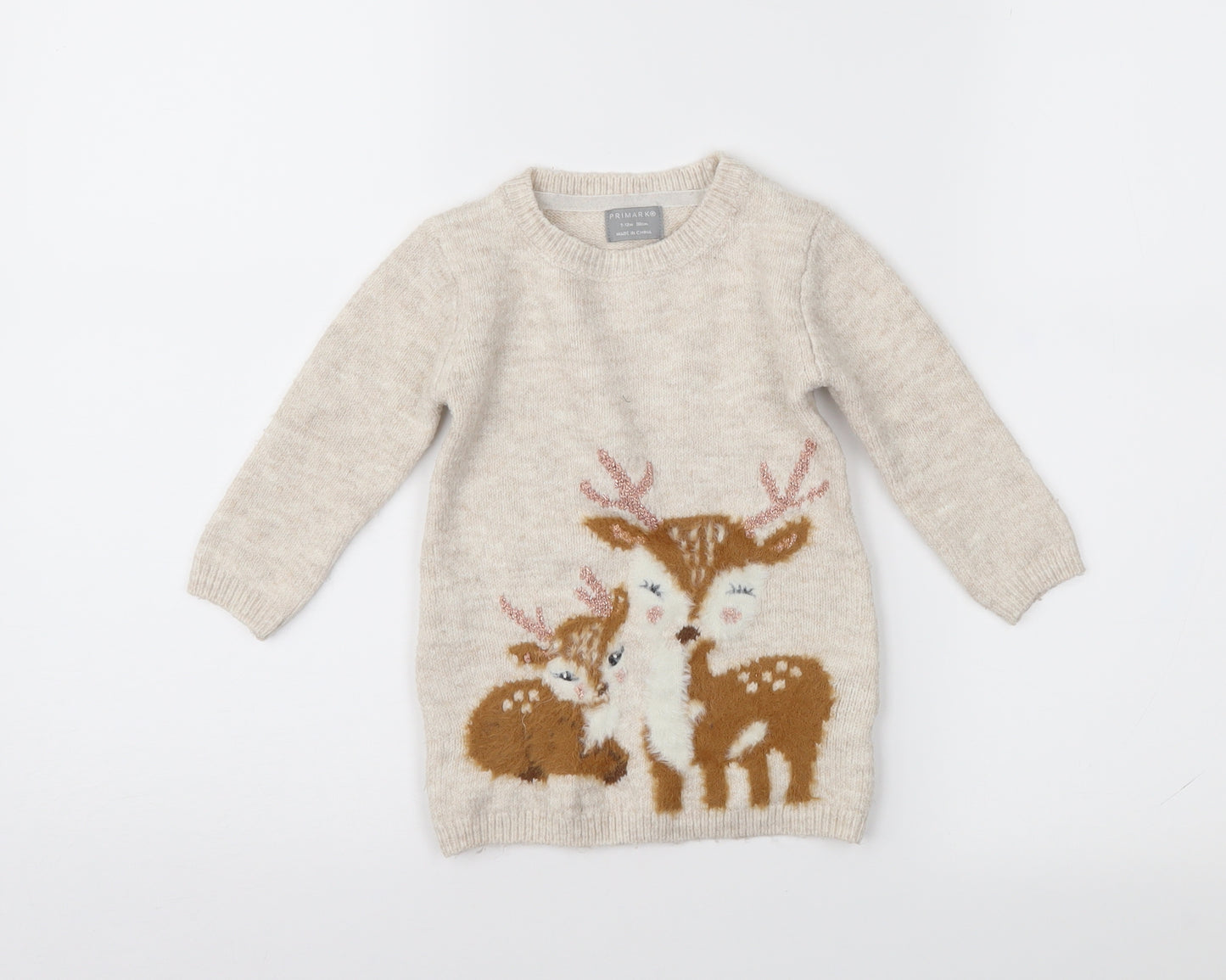 Primark Girls Beige Fair Isle Knit Jumper Dress  Size 9-12 Months  - Xmas