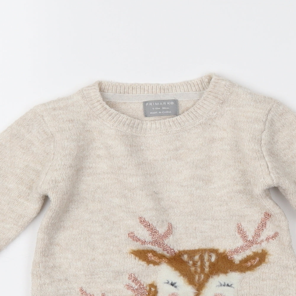 Primark Girls Beige Fair Isle Knit Jumper Dress  Size 9-12 Months  - Xmas