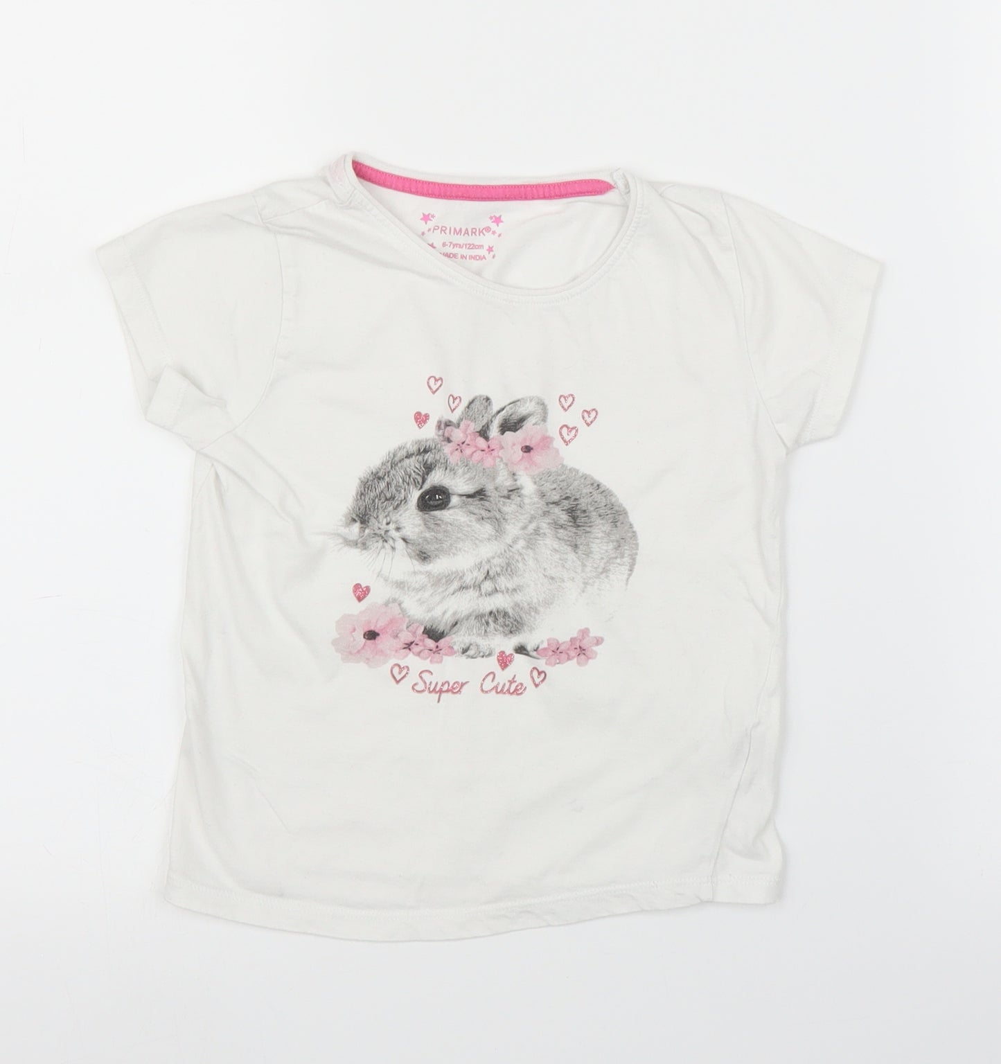 Primark Girls White   Basic T-Shirt Size 6-7 Years  - Rabbit