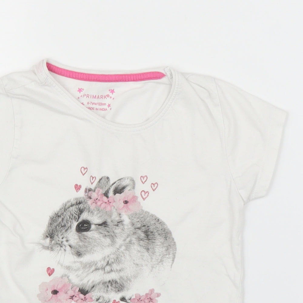 Primark Girls White   Basic T-Shirt Size 6-7 Years  - Rabbit
