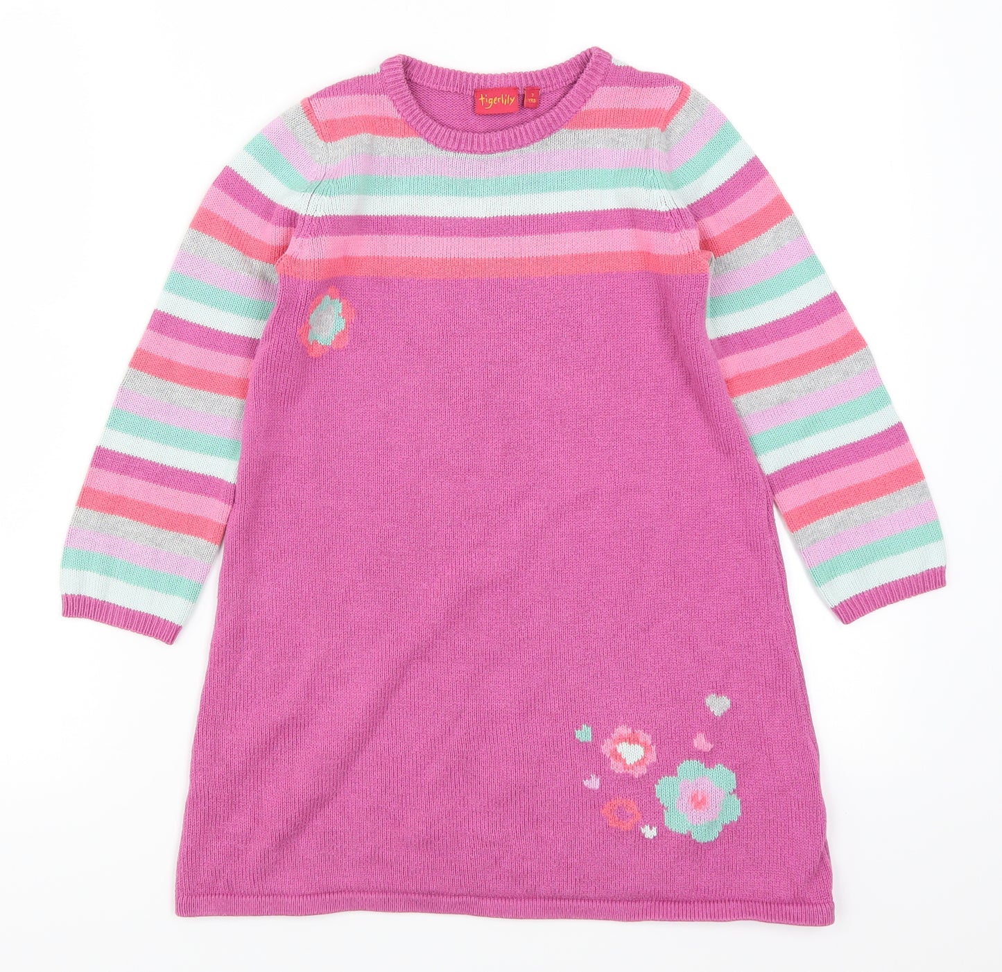 Tigerlily Girls Pink Striped  Jumper Dress  Size 7 Years  - Flowers