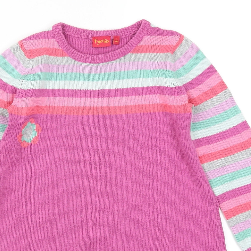 Tigerlily Girls Pink Striped  Jumper Dress  Size 7 Years  - Flowers
