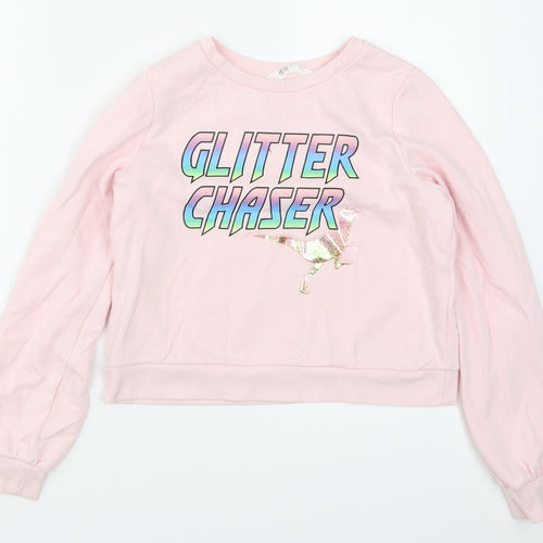 H&M Girls Pink   Pullover Sweatshirt Size 11-12 Years  - Glitter Chaser Dinosaur