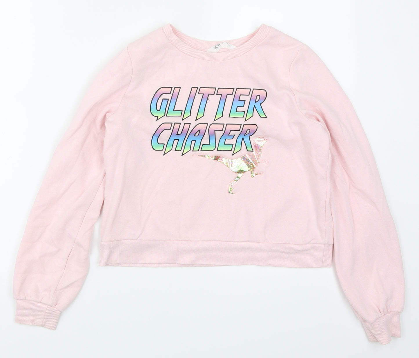 H&M Girls Pink   Pullover Sweatshirt Size 11-12 Years  - Glitter Chaser Dinosaur