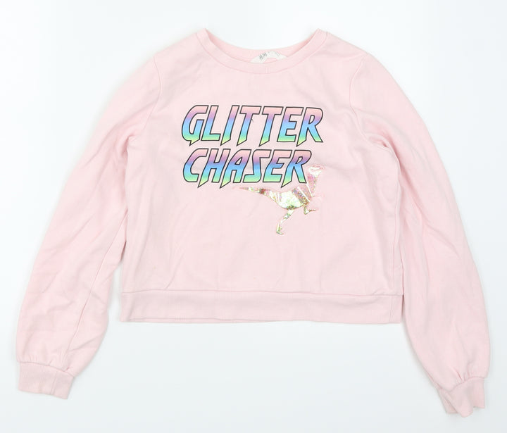 H&M Girls Pink   Pullover Sweatshirt Size 11-12 Years  - Glitter Chaser Dinosaur