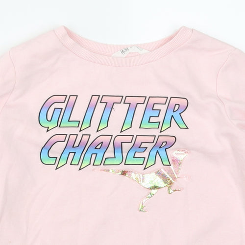 H&M Girls Pink   Pullover Sweatshirt Size 11-12 Years  - Glitter Chaser Dinosaur