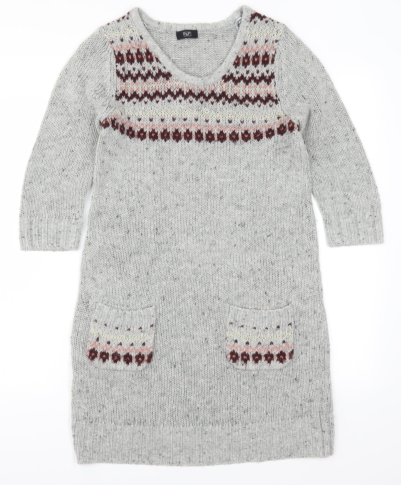 F&F Womens Grey Geometric Knit Jumper Dress  Size 10