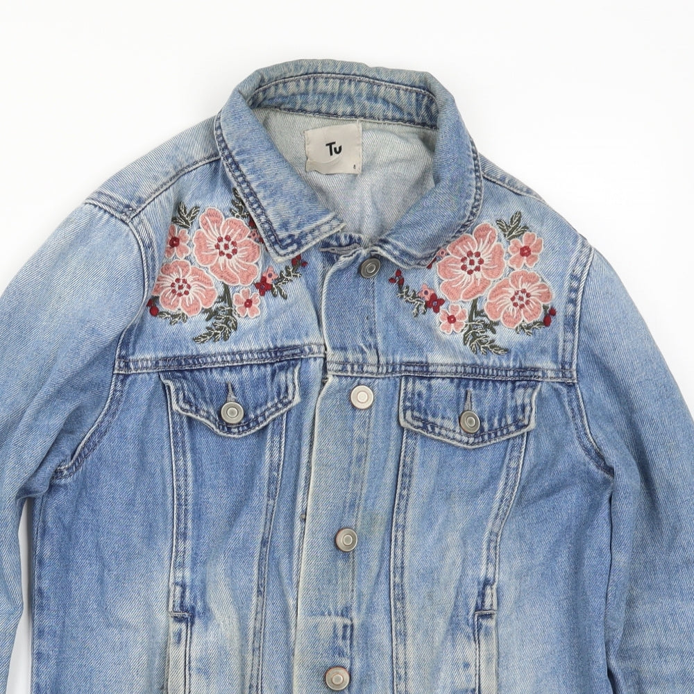 TU Womens Blue Floral Denim Jacket  Size 6