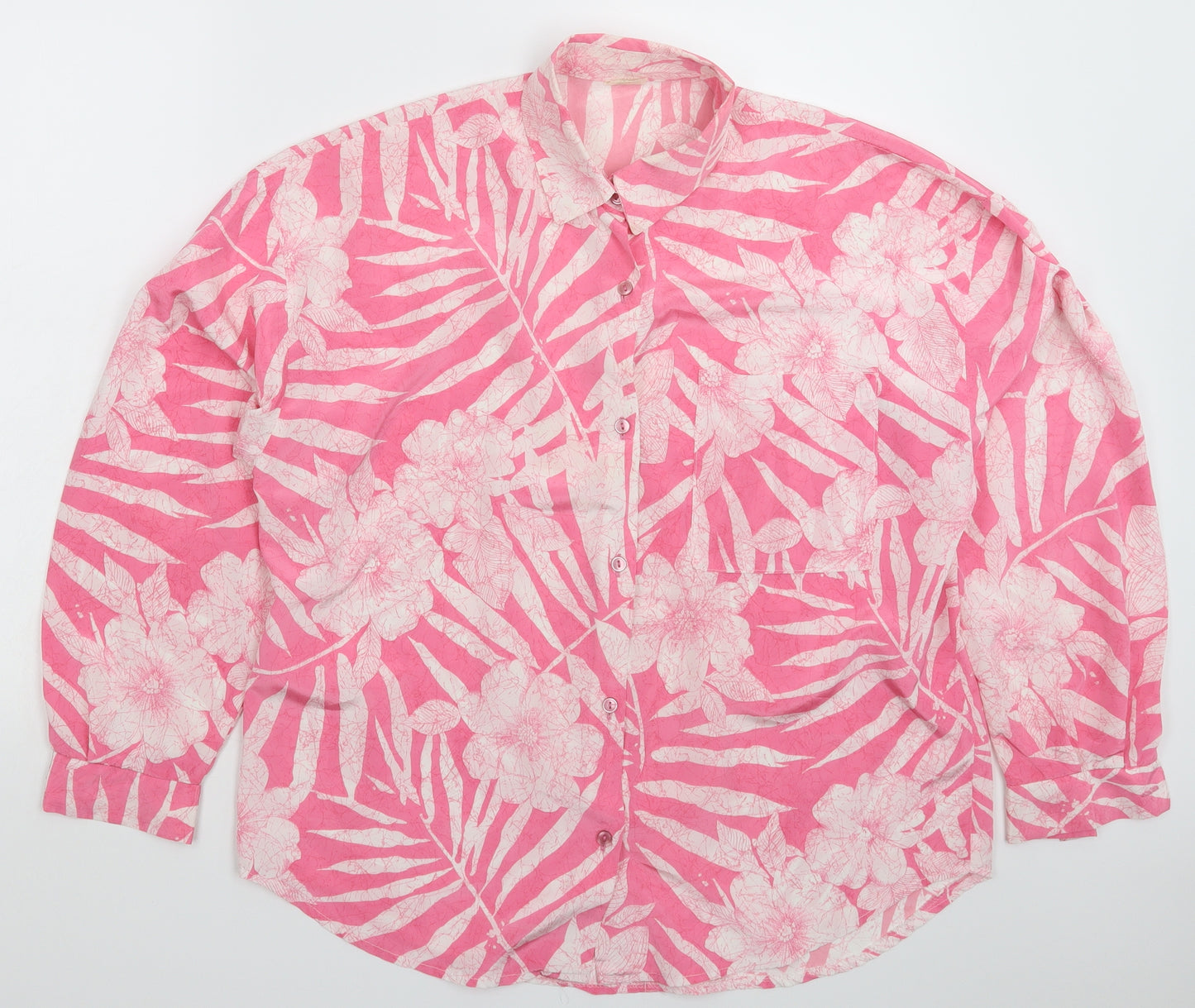 Preworn Womens Pink Floral Satin Basic Button-Up Size 14