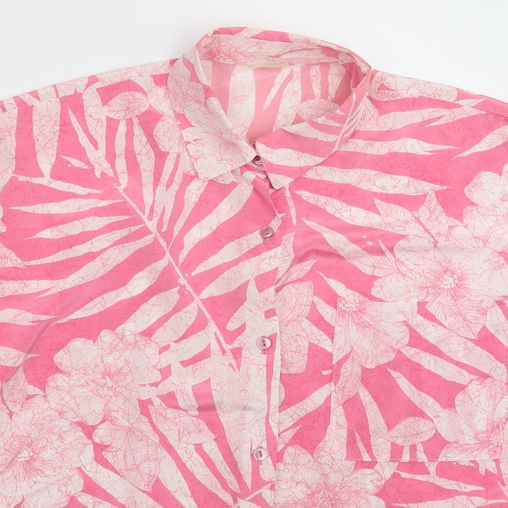 Preworn Womens Pink Floral Satin Basic Button-Up Size 14