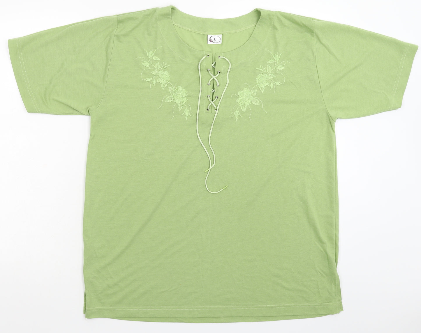 Preworn Womens Green Floral  Basic T-Shirt Size L
