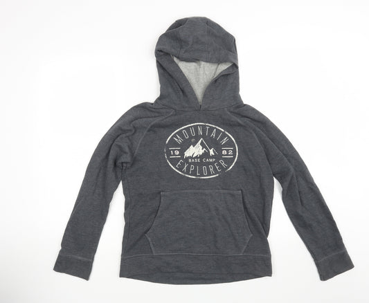 Front view of Next girls’ grey jersey pullover hoodie, size 12, years - mountain explorer