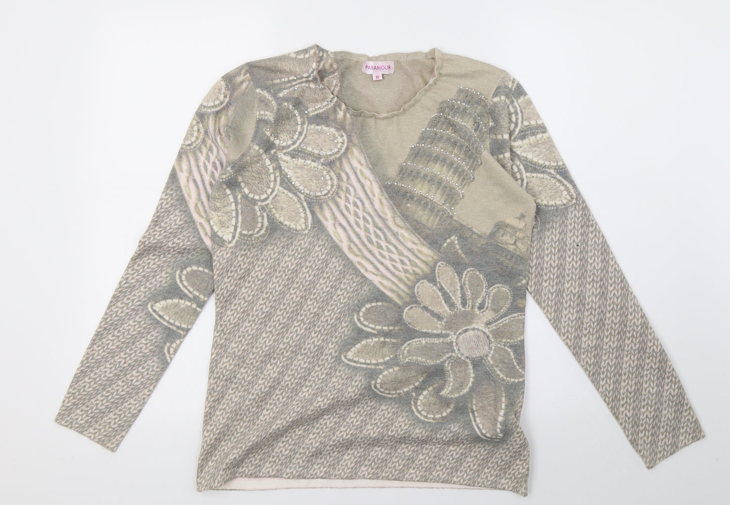 Paramour Womens Beige Geometric Knit Pullover Jumper Size M