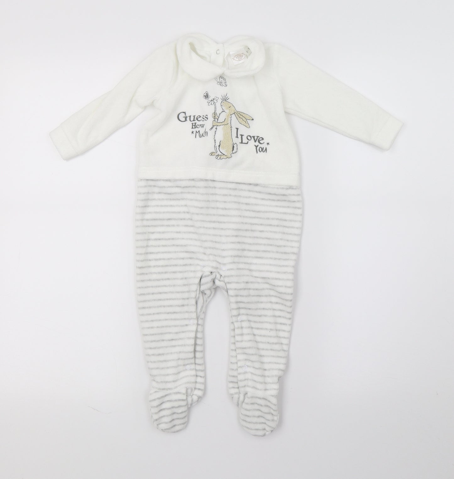Guess How Much I Love You Baby White Striped Velour Babygrow One-Piece Size 6-9 Months  - Rabbit
