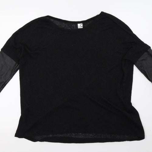 Primark Womens Black  Knit Basic T-Shirt Size S  - Faux Leather Sleeves