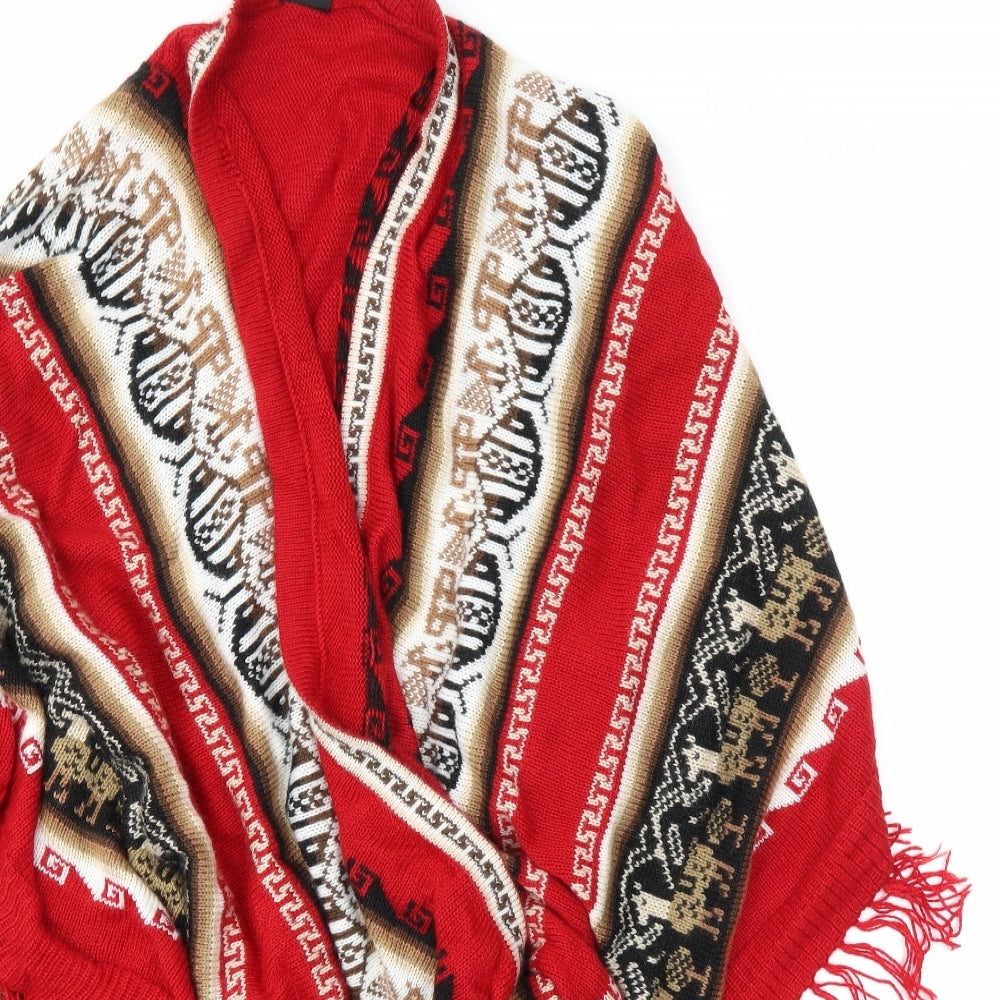 Alpaca Womens Red Striped  Kimono Poncho One Size