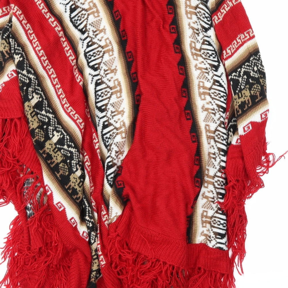 Alpaca Womens Red Striped  Kimono Poncho One Size