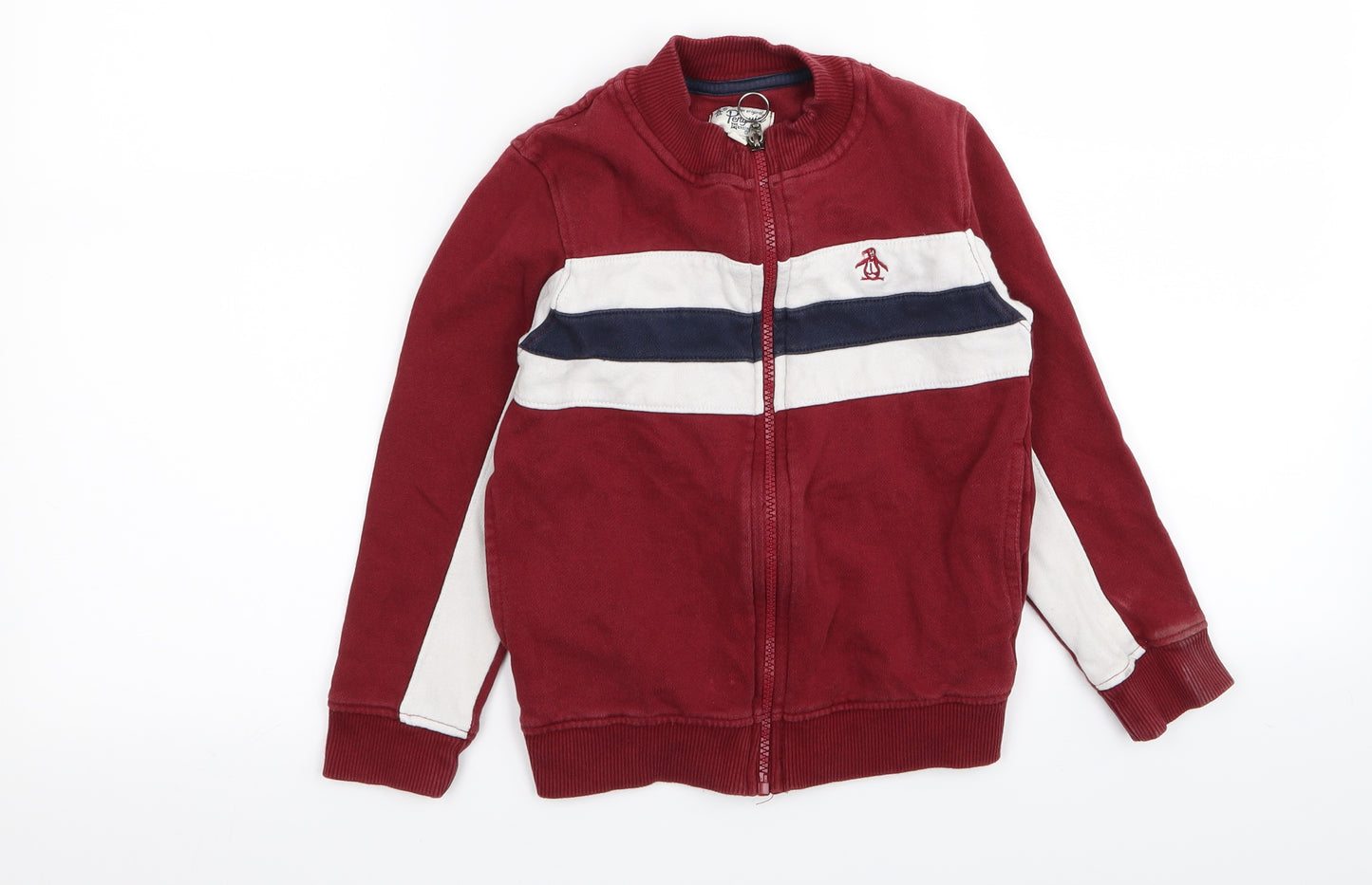 Penguin Boys Red Striped  Full Zip Jumper Size 6-7 Years