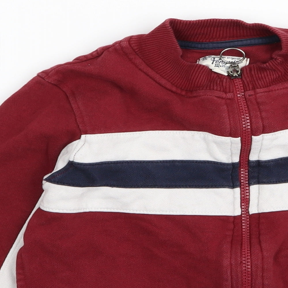 Penguin Boys Red Striped  Full Zip Jumper Size 6-7 Years