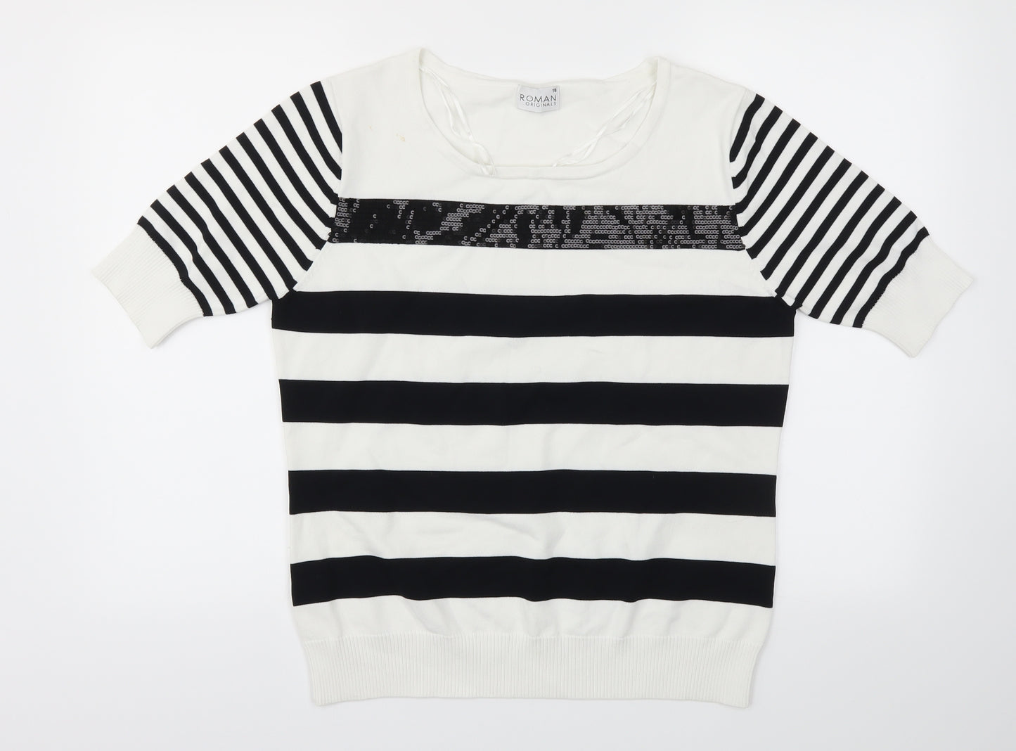 Roman Originals Womens Black Striped  Basic T-Shirt Size 18
