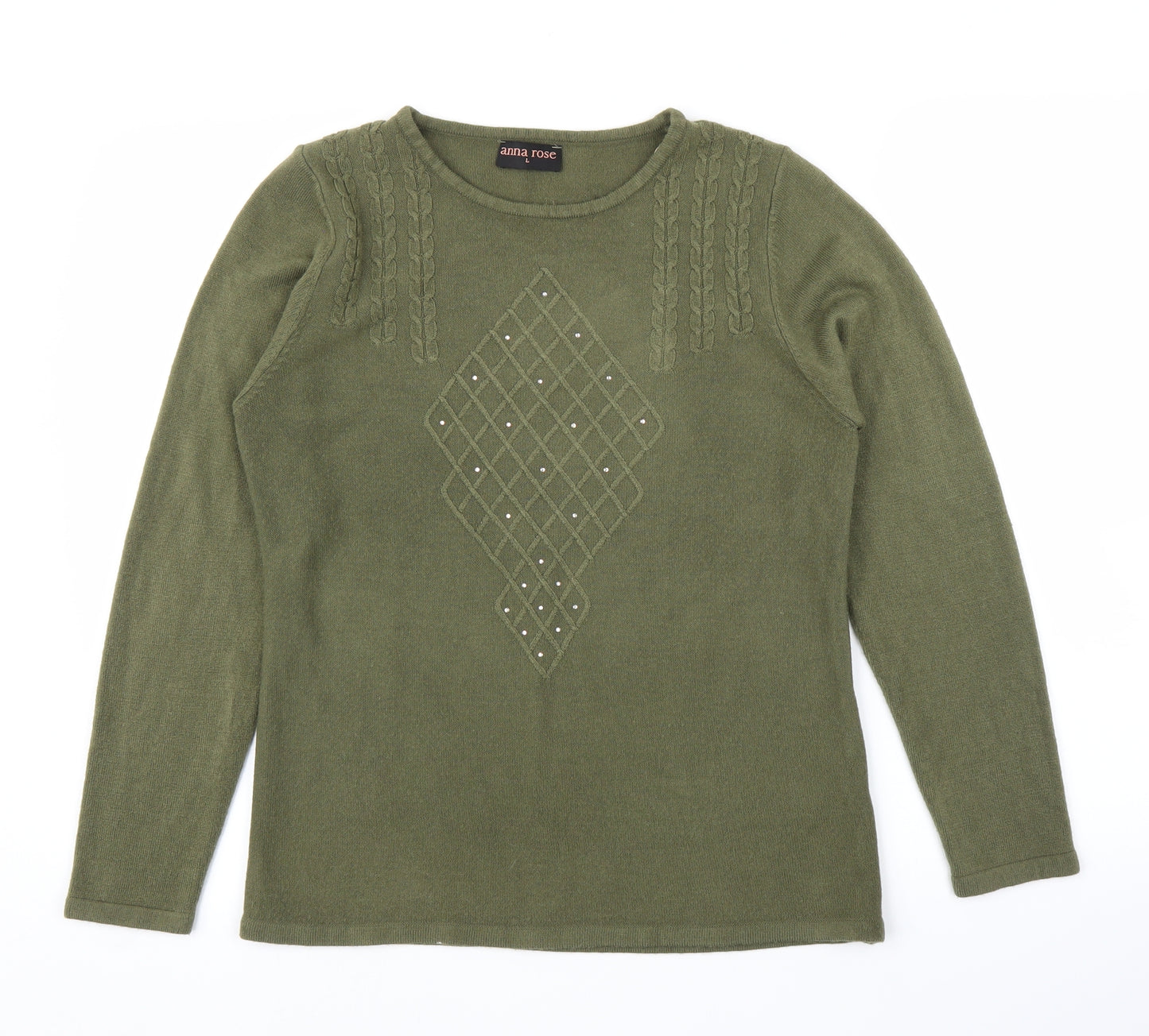 Anna Rose Womens Green Argyle/Diamond  Pullover Jumper Size L