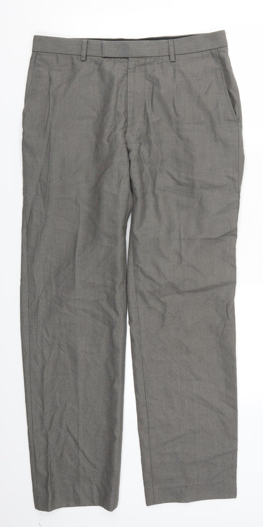 Front view of Marks & Spencer men’s grey trousers, size 32, 30-inch leg