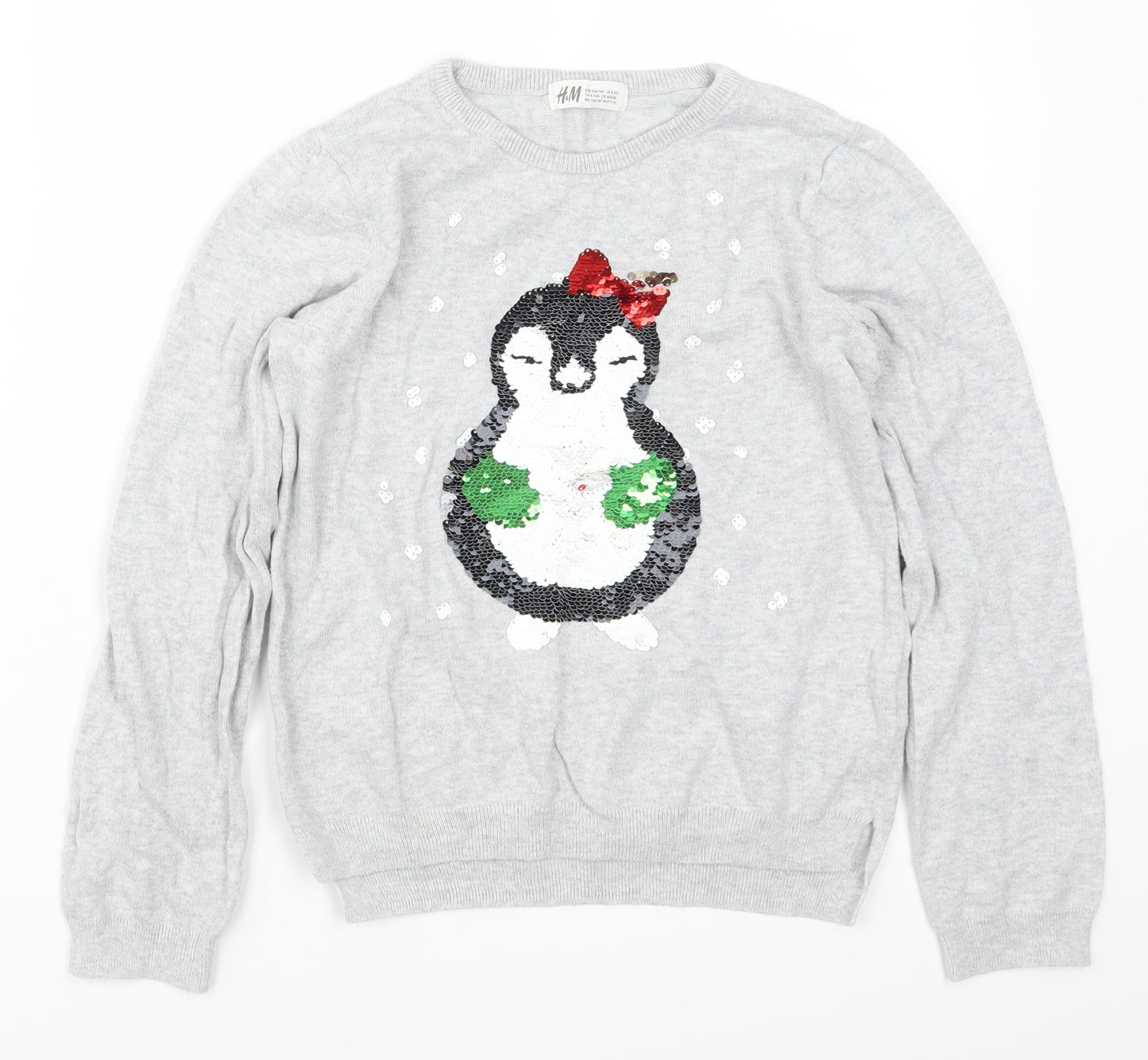 H&M Girls Grey   Pullover Jumper Size 9-10 Years  - Penguin