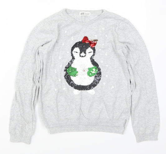 Front view of H&M girls’ grey jumper, size 9-10, years - penguin