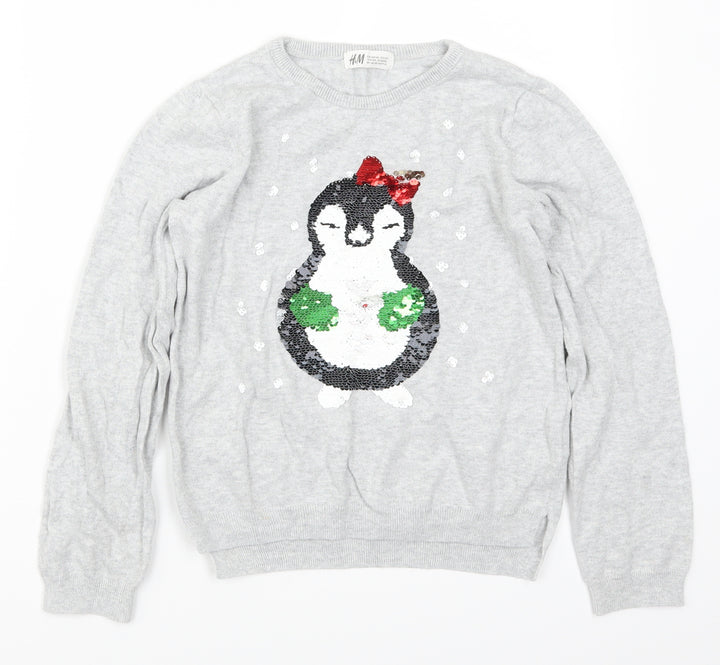 H&M Girls Grey   Pullover Jumper Size 9-10 Years  - Penguin