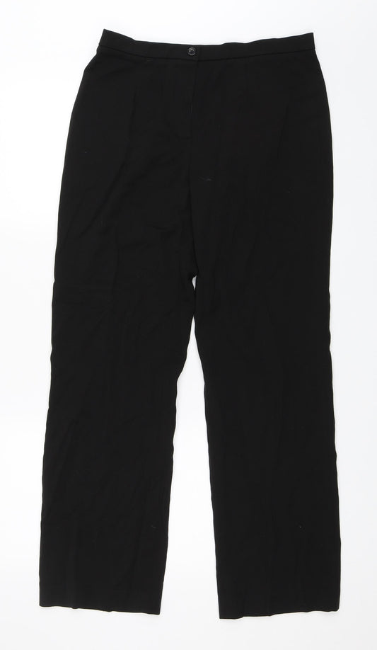 Front view of Preworn women’s black trousers, size UK 10, 30-inch leg