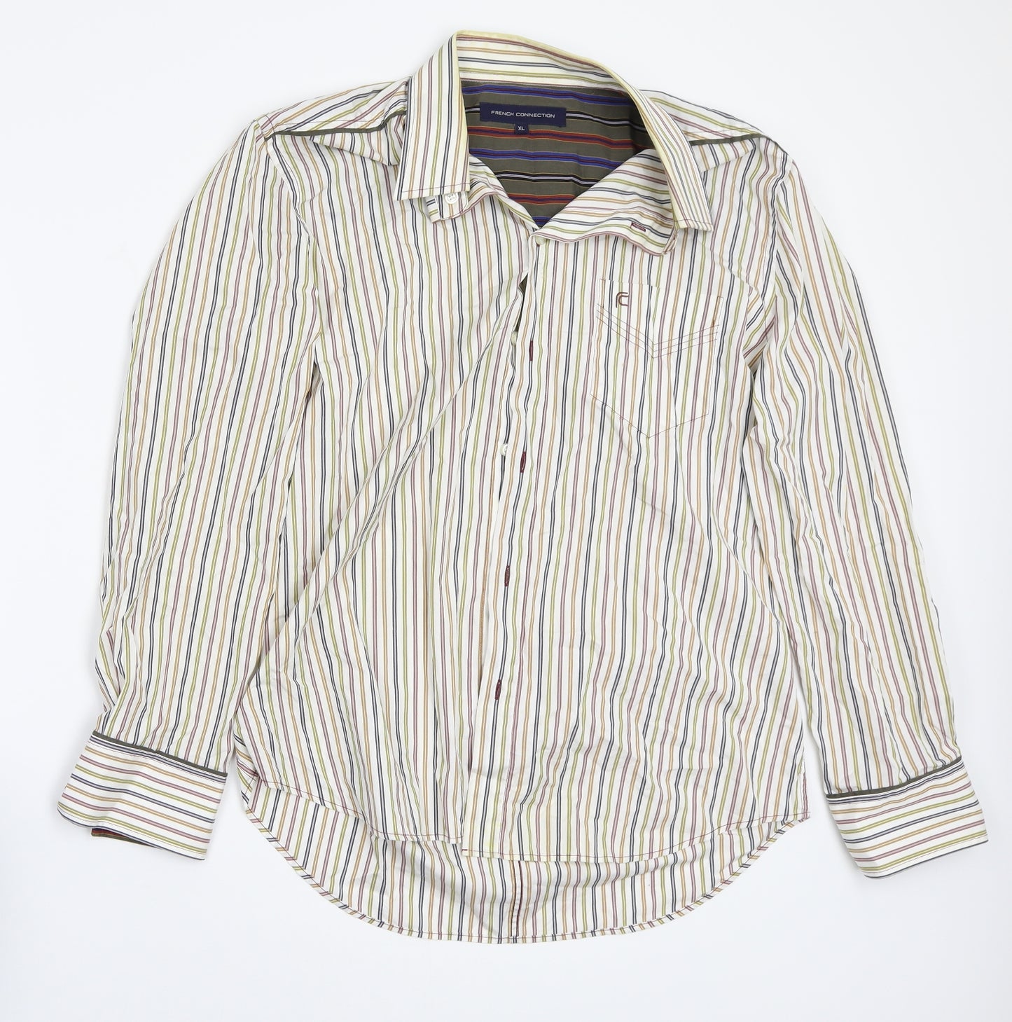 French Connection Mens White Striped   Button-Up Size XL