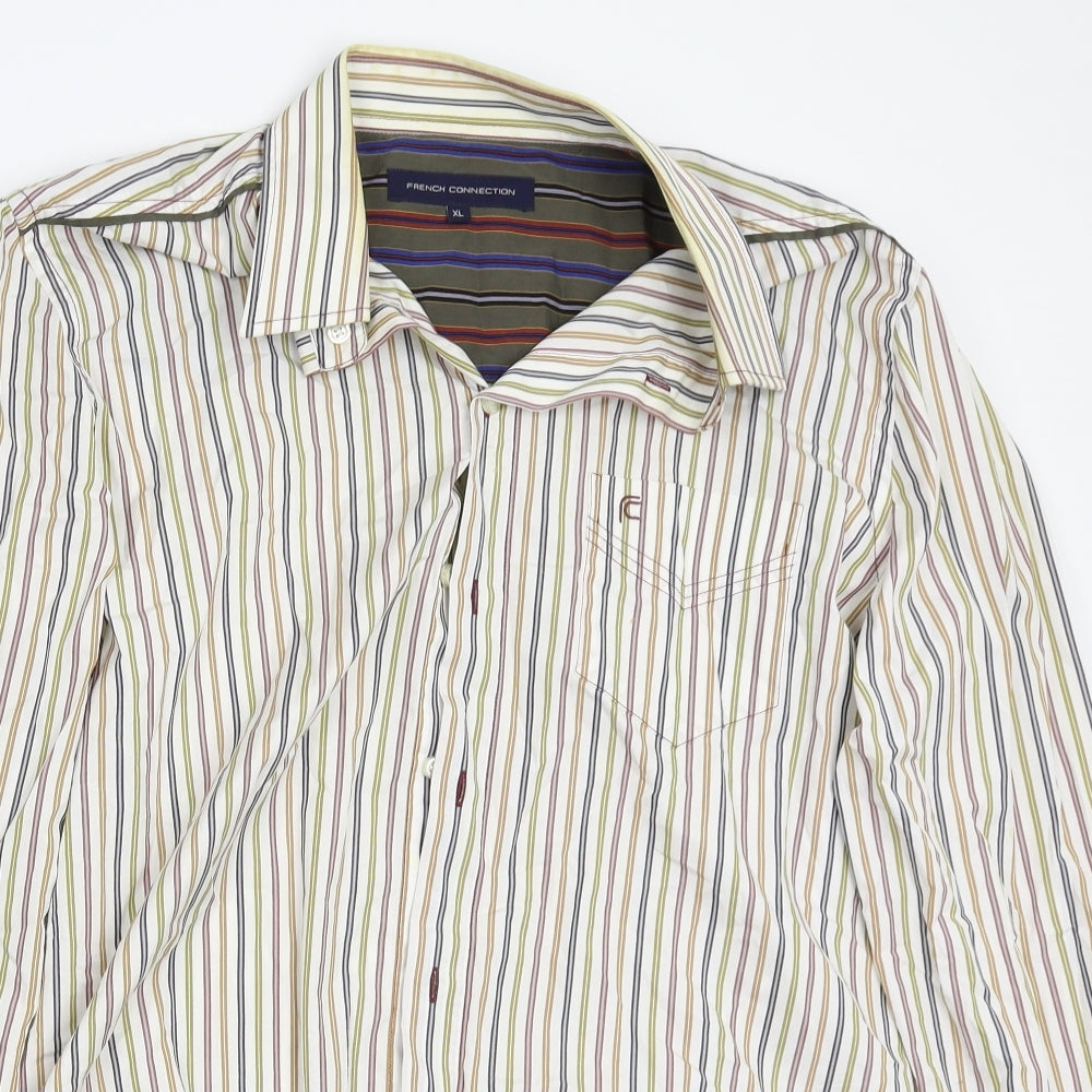 French Connection Mens White Striped   Button-Up Size XL