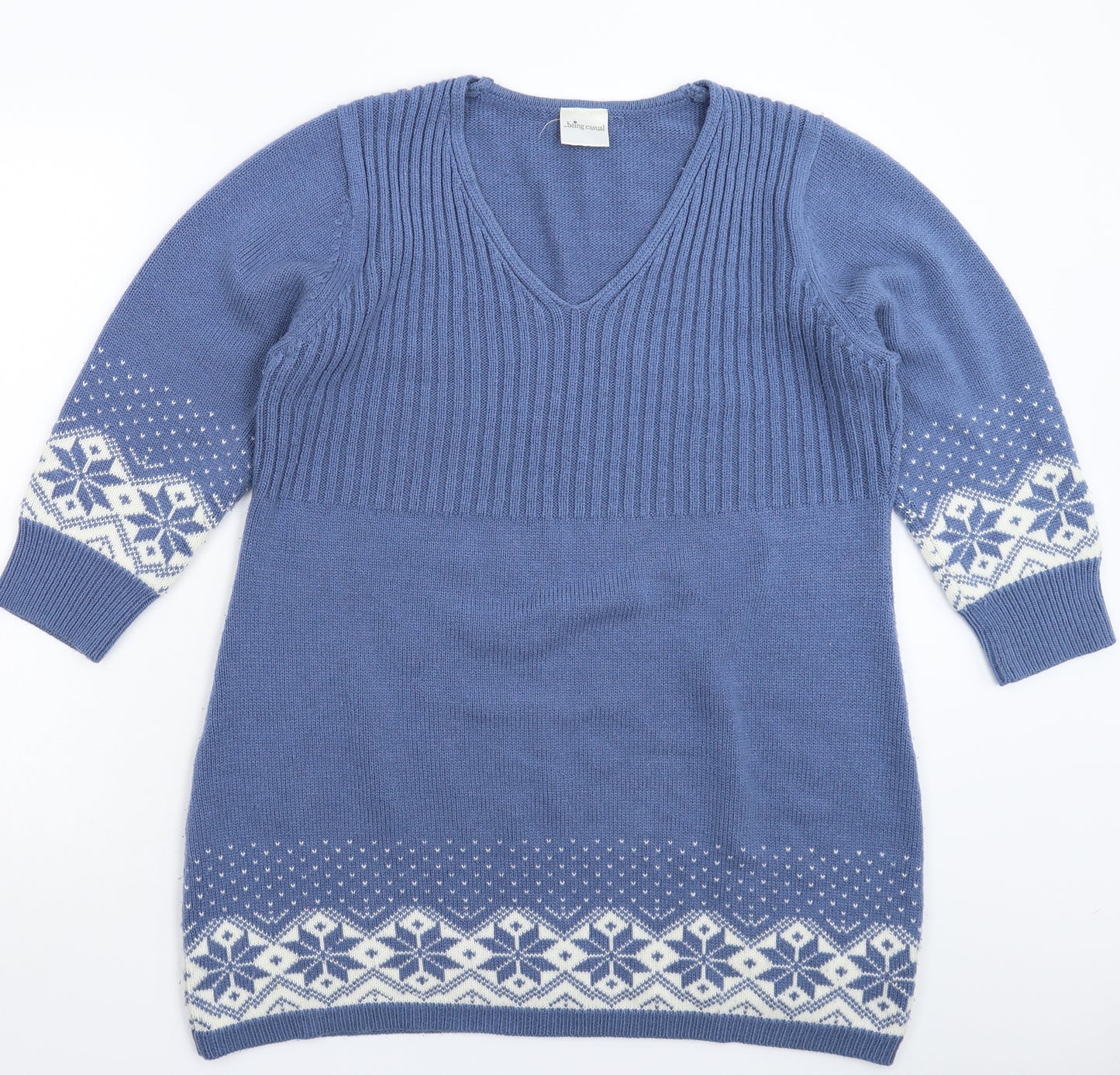 Being Casual Womens Blue Geometric Knit Pullover Jumper Size 14