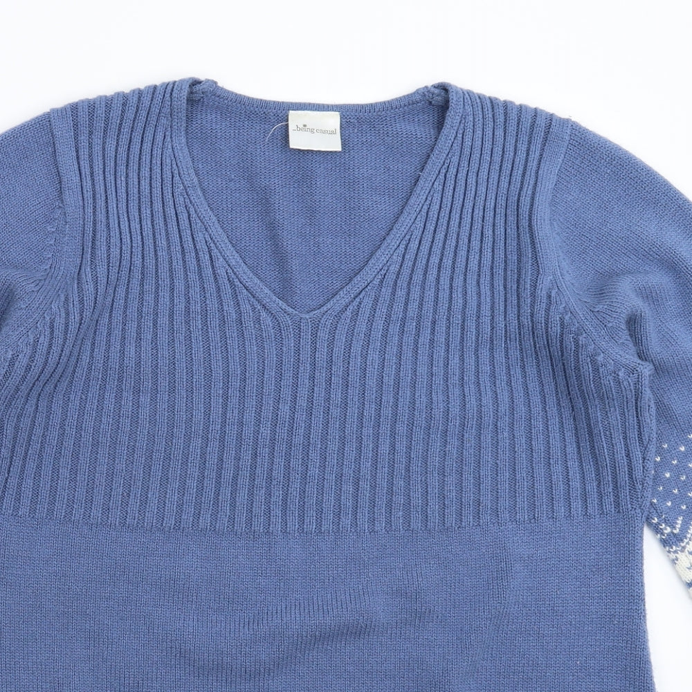 Being Casual Womens Blue Geometric Knit Pullover Jumper Size 14