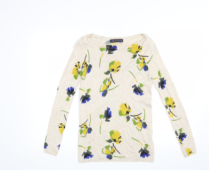 Marks and Spencer Womens Beige Floral Knit Pullover Jumper Size 8