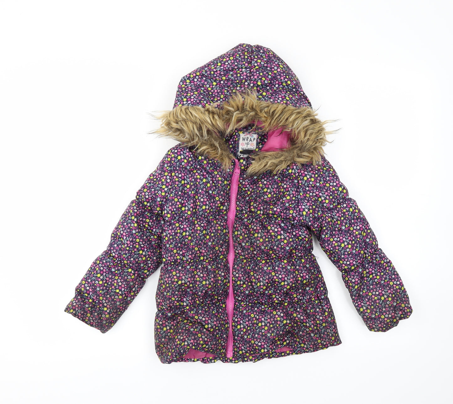 Crafted Girls Purple Floral  Puffer Jacket Coat Size 3-4 Years