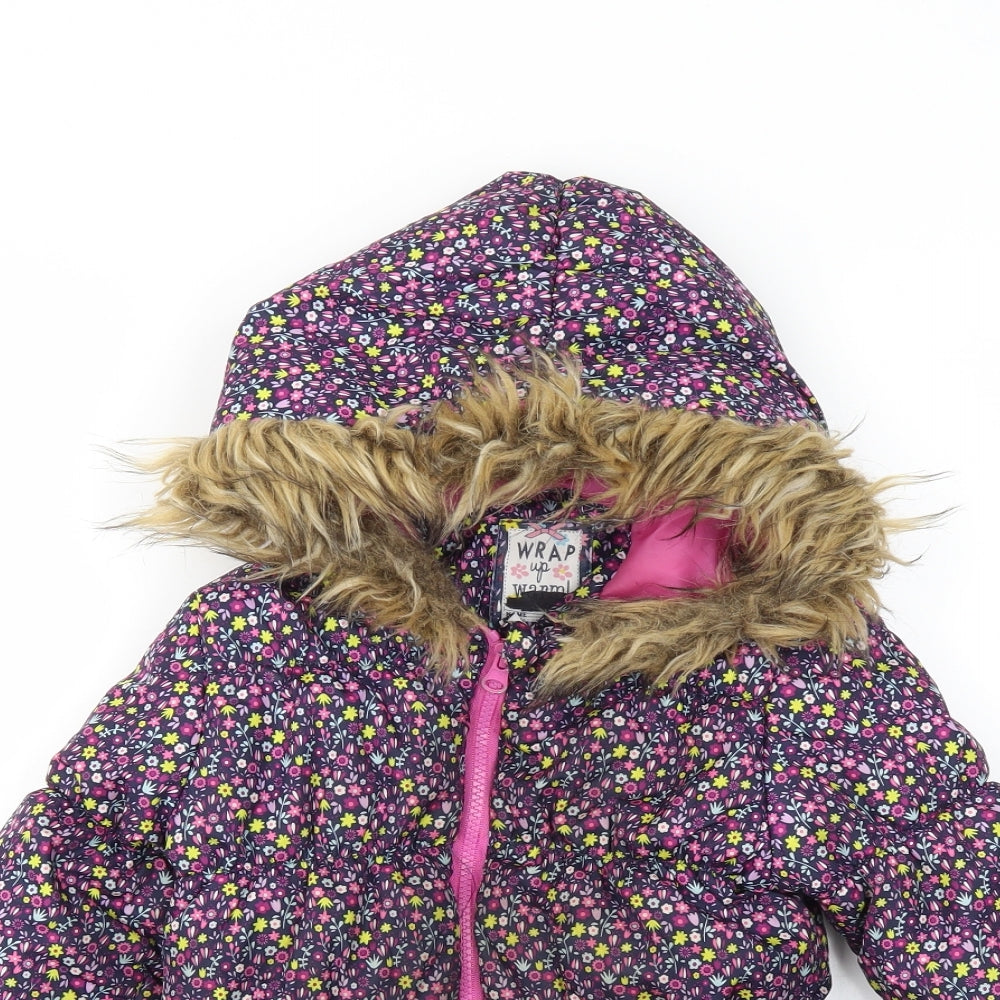 Crafted Girls Purple Floral  Puffer Jacket Coat Size 3-4 Years