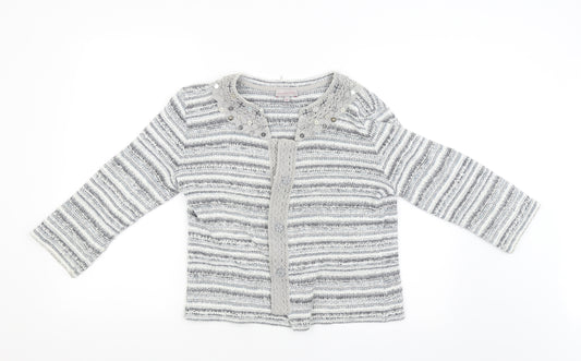 Front view of Per Una girls’ grey striped cardigan jumper, size M