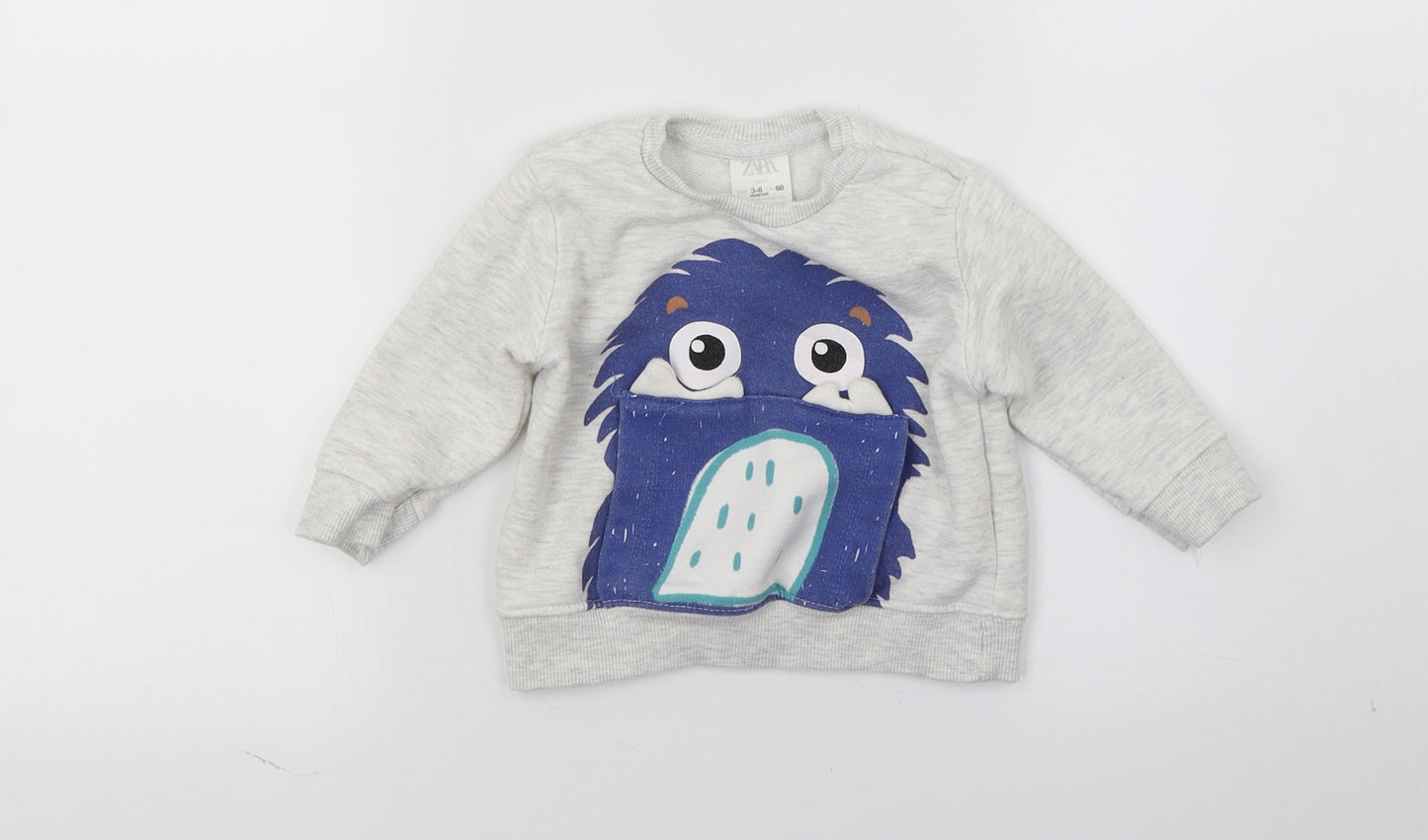 Zara Boys Grey  Jersey Pullover Jumper Size 3-6 Months  - Monster