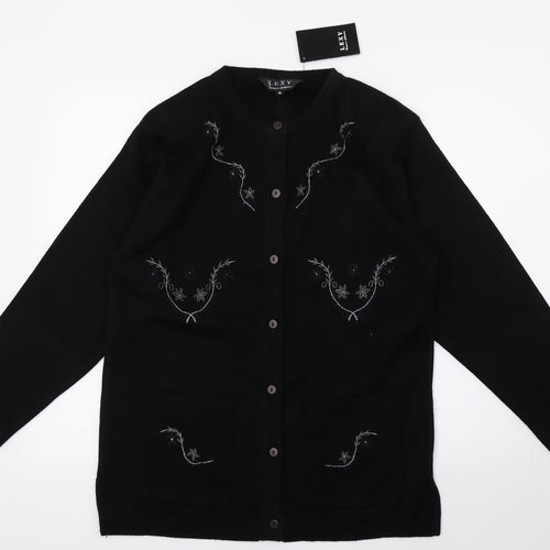 LEXY Womens Black Floral Knit Cardigan Jumper Size M