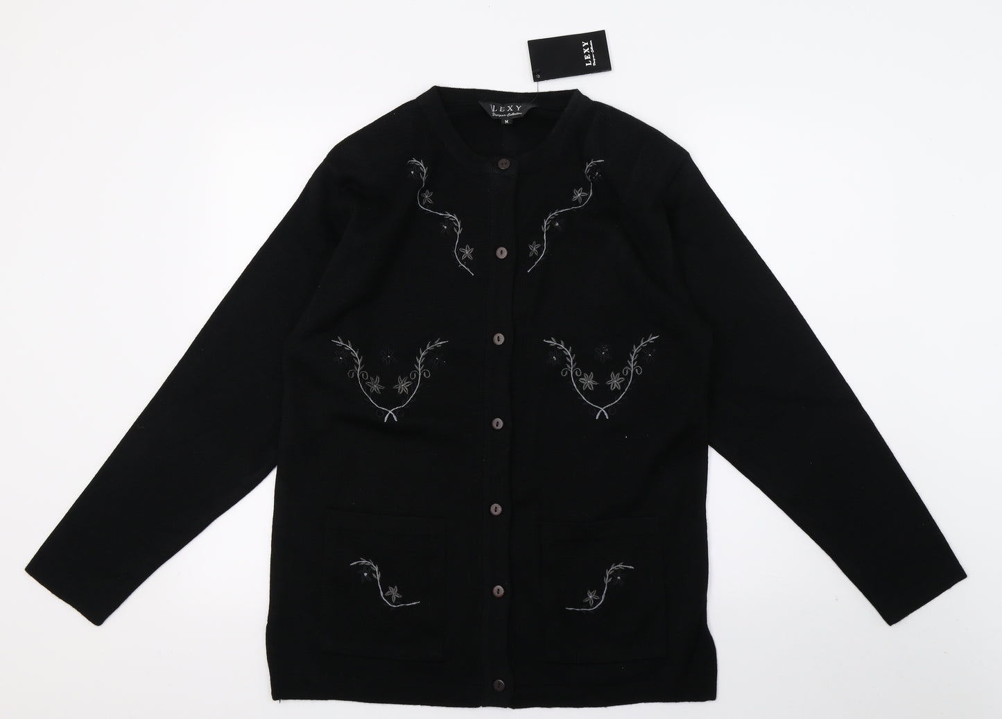 LEXY Womens Black Floral Knit Cardigan Jumper Size M