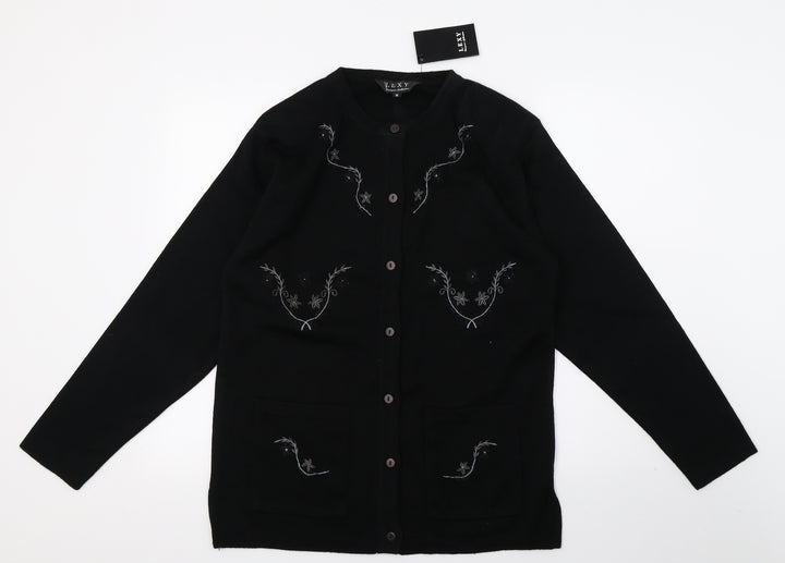 LEXY Womens Black Floral Knit Cardigan Jumper Size M