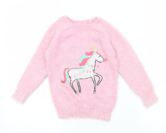 Front view of Ilovegirlswear girls’ pink knit jumper, size 5, years - unicorn
